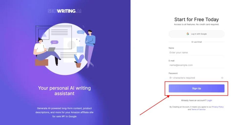 SEO Writing AI Sign up page