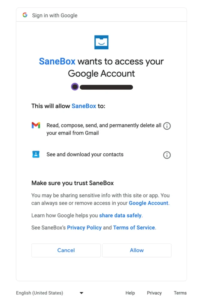 Login Sanebox using Gmail