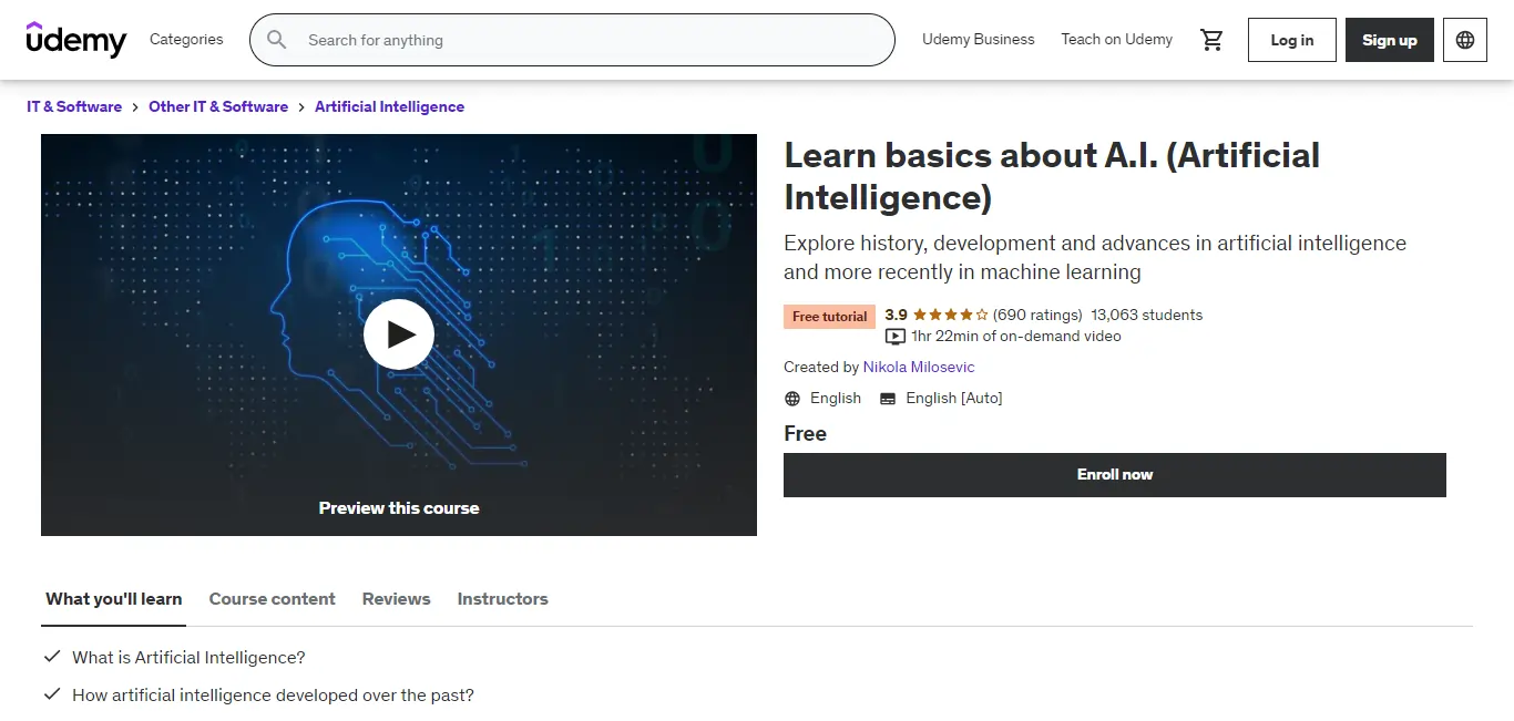 Learn basics about A.I. by Udemy