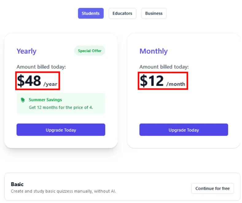 Quizgecko Pricing plans