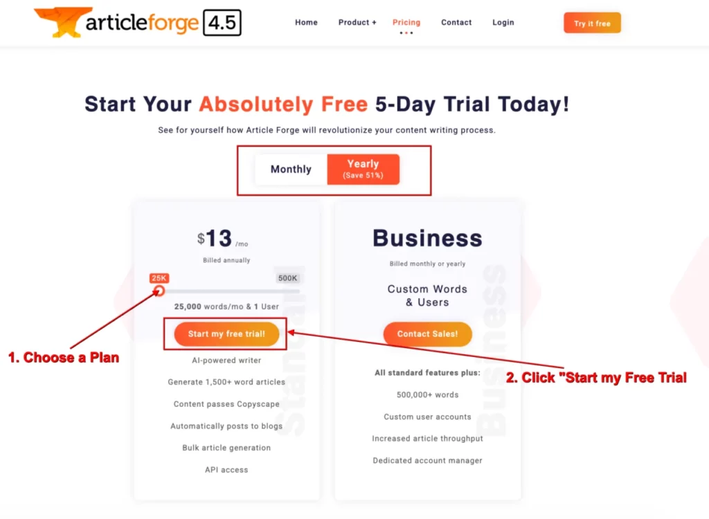 Choose Article Forge Plan for Free Trial